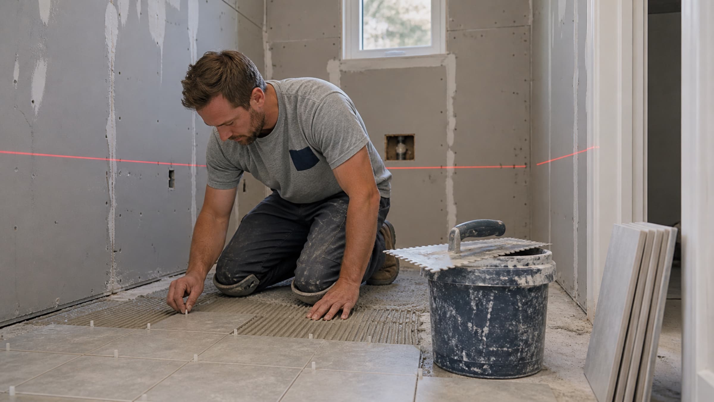 A bathroom mid-tile with cement board up, thinset and spacers on the floor, and a laser level line across the wall