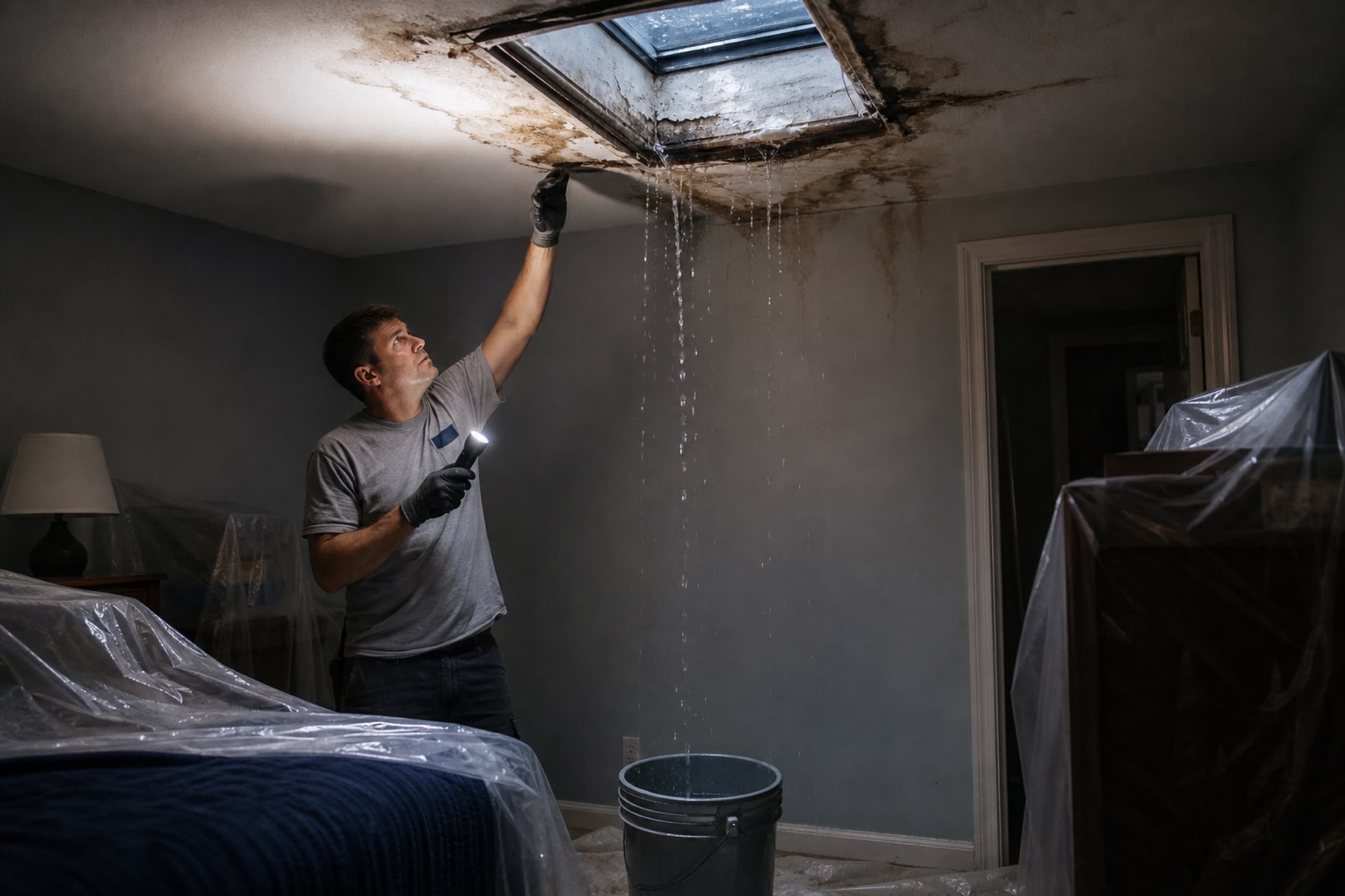 Water running from the corner of a skylight opening onto a stained bedroom ceiling at night