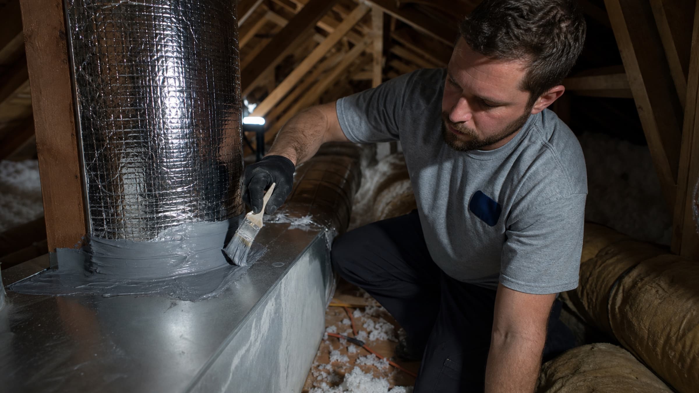 Ductwork running through an attic being sealed with mastic, insulation partly rolled back