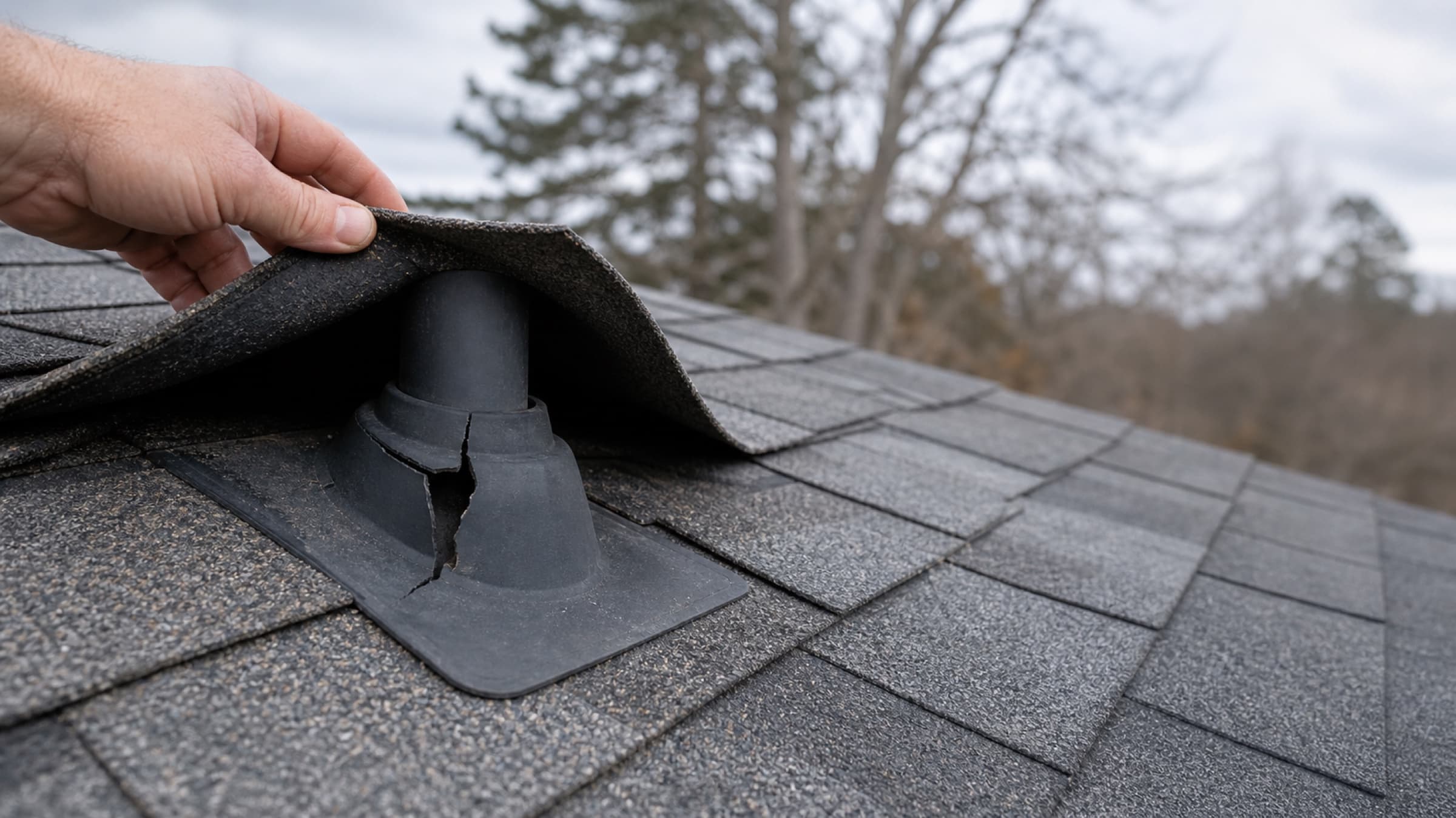A hand lifting a shingle tab to reveal a cracked plastic pipe boot
