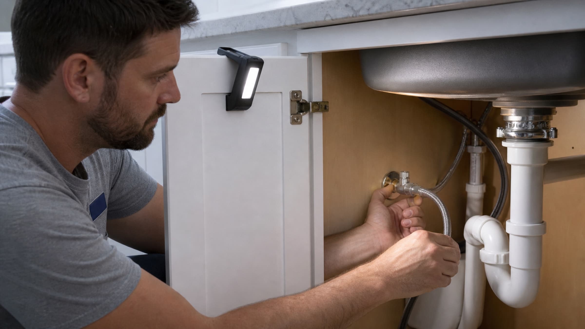 Hands fitting a braided supply line to a quarter-turn shutoff valve under a sink, with a work light clipped to the cabinet door