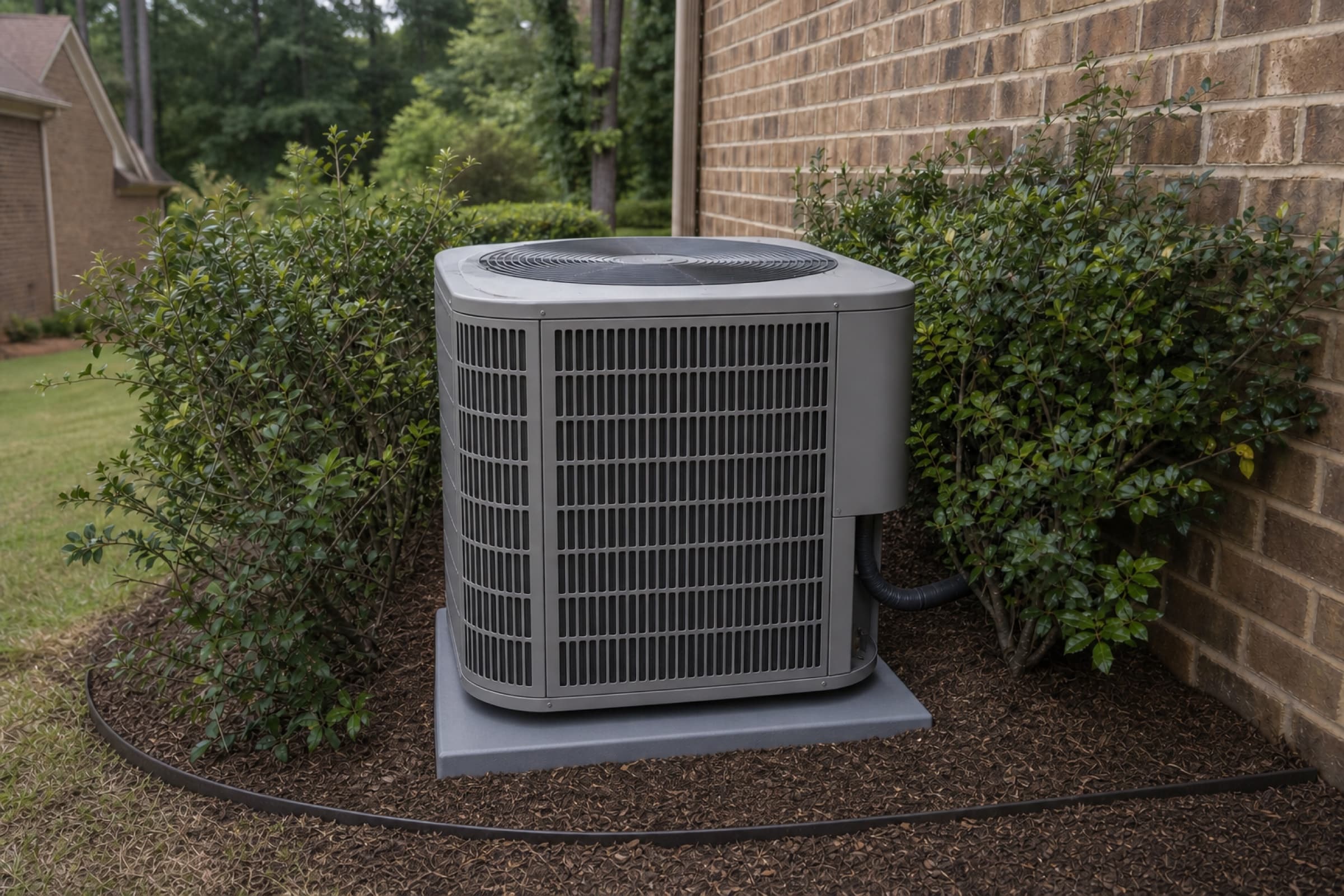 A right-sized replacement unit on a clear pad with proper service clearance around the coil