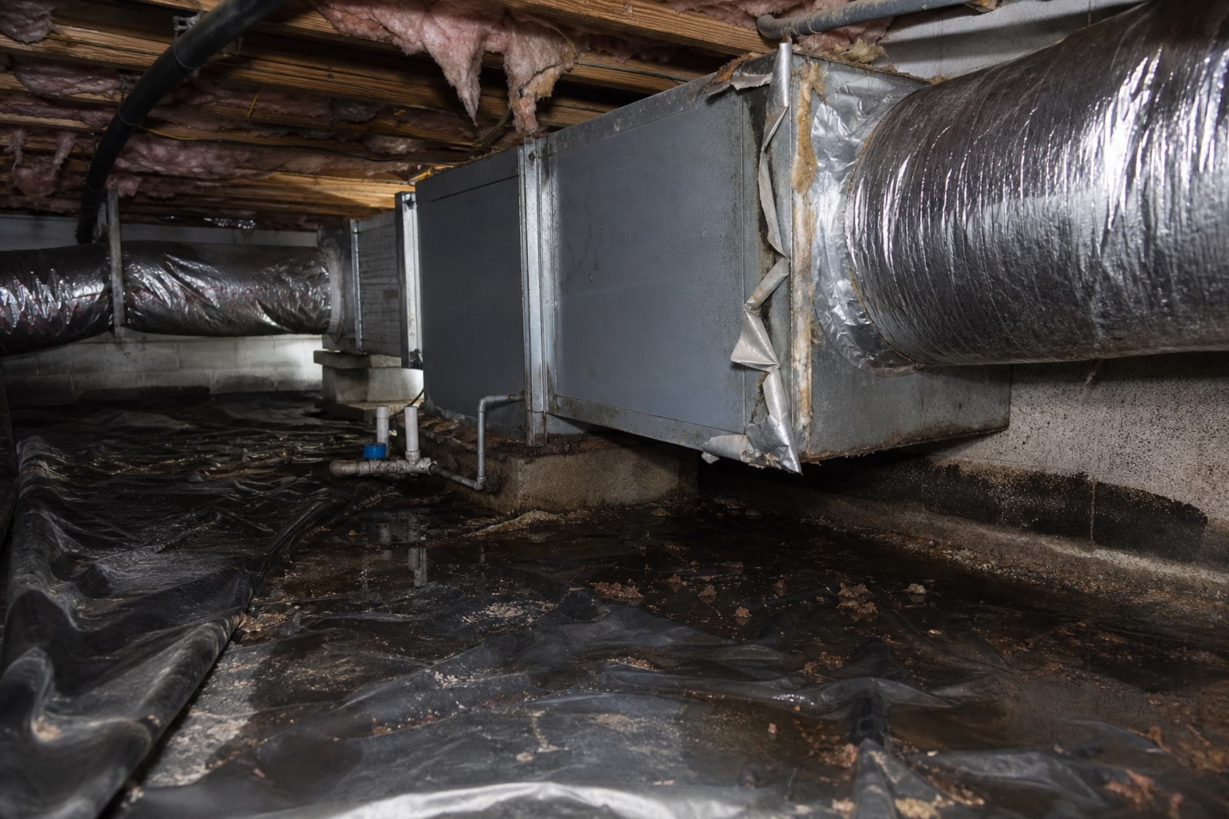 A crawlspace air handler with unsealed plenum joints and a damp foundation wall behind it
