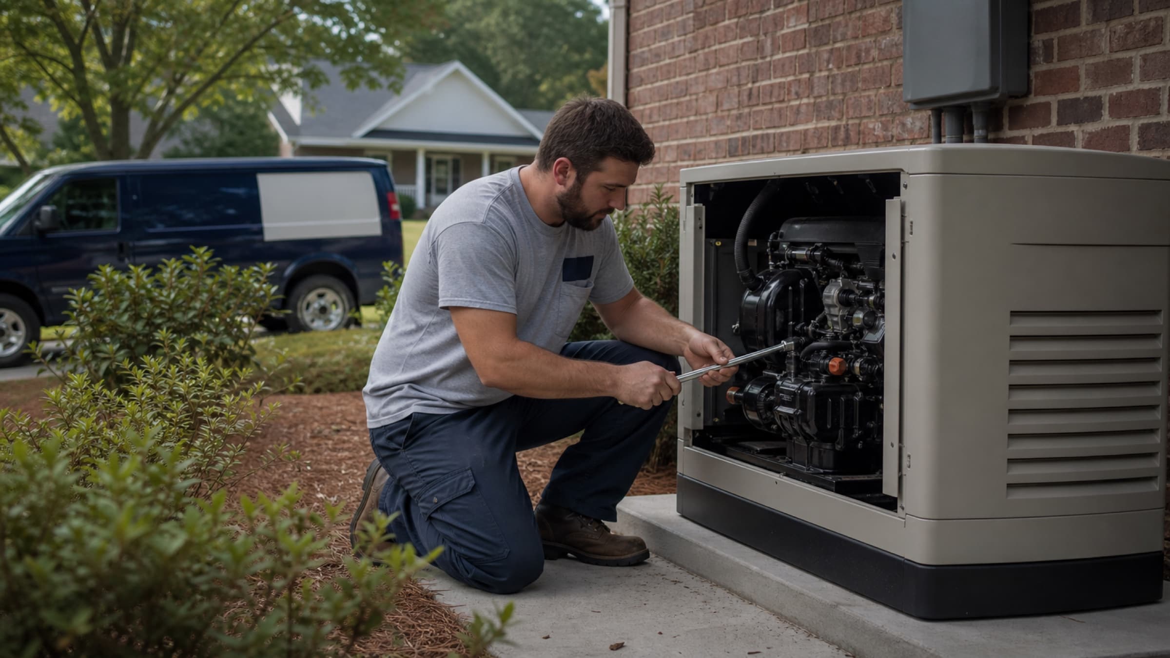 A standby generator on a concrete pad beside a house with the enclosure panel open, a technician working on the engine with a torque wrench
