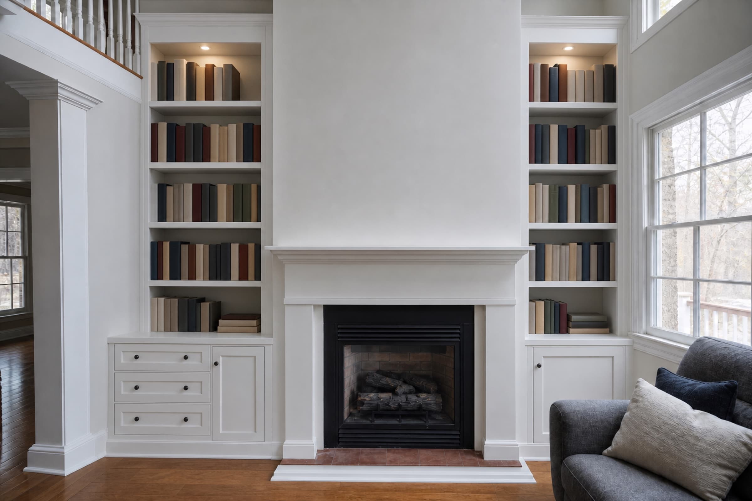 The same wall with white oak built-in shelving either side of the fireplace, fully loaded with books