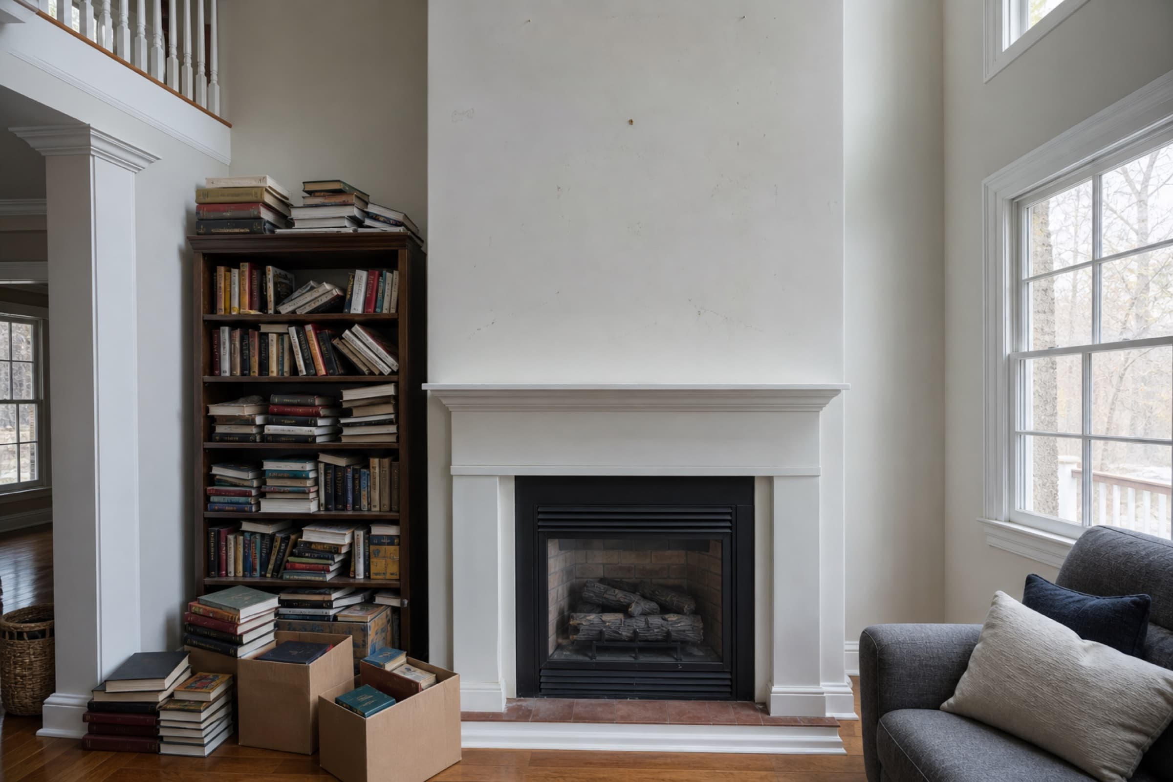 A blank painted wall either side of a fireplace with a bookcase pushed against it and boxes of books on the floor