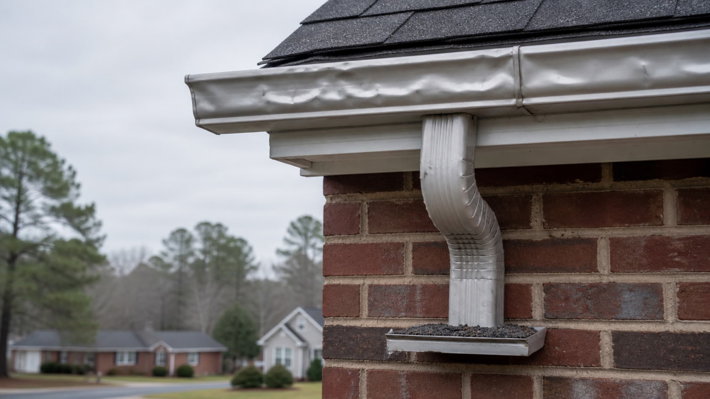 A hail-dented aluminium gutter with shingle granules collected in the splash pan below