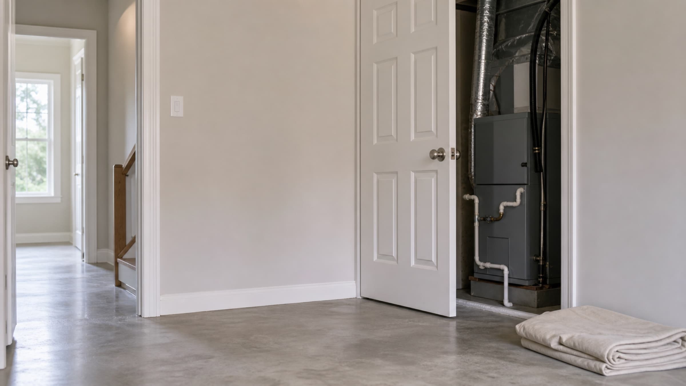 A cleared path to an indoor air handler in a utility room, with the door open and the floor clear