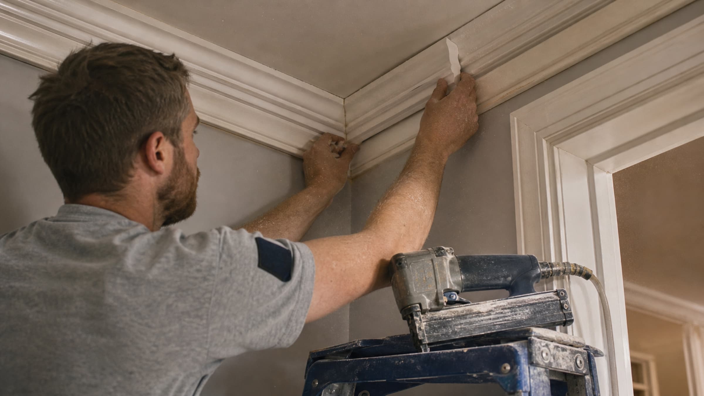 Hands fitting a mitred piece of crown moulding into an inside corner, with a brad nailer resting on a ladder tray