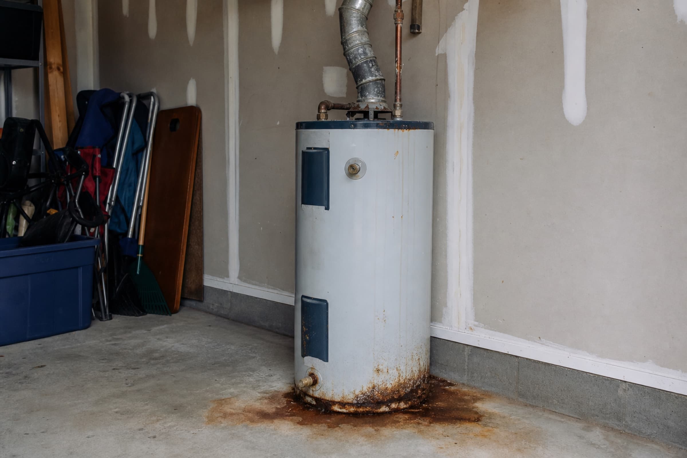 An ageing tank water heater in a garage corner with corroded connections and no drip pan