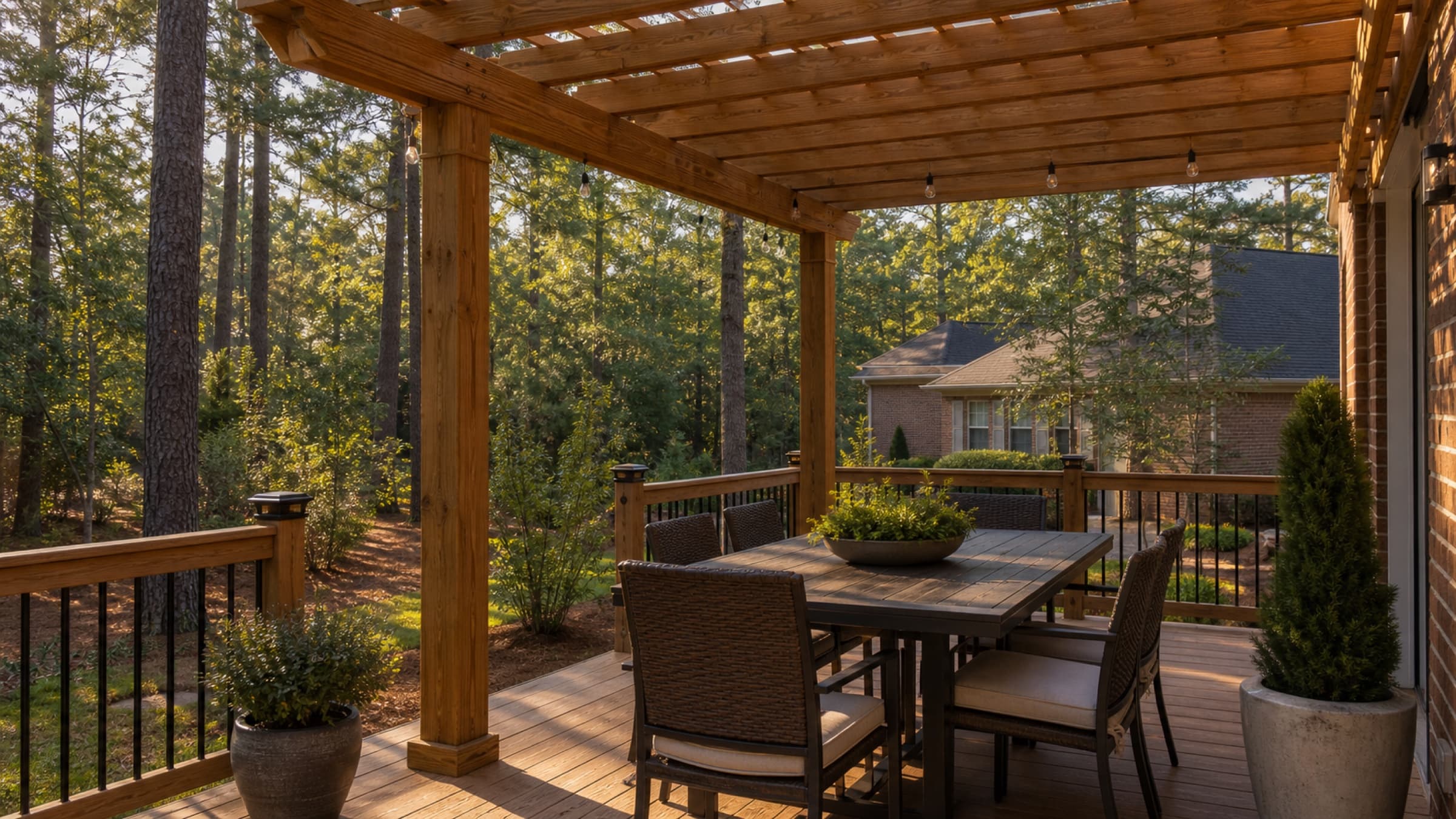 A cedar pergola over a dining area on a completed deck, with open rafters casting striped shade at golden hour