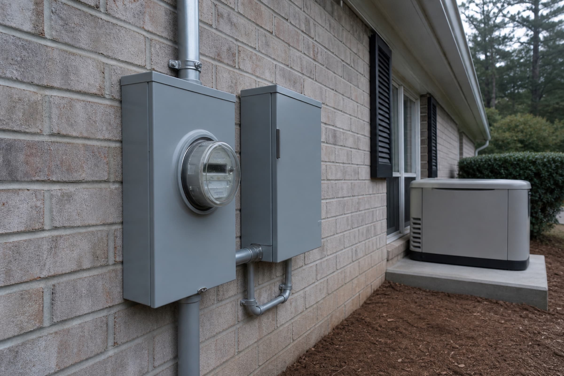 A new meter base and automatic transfer switch mounted beside it, with a standby generator on a pad