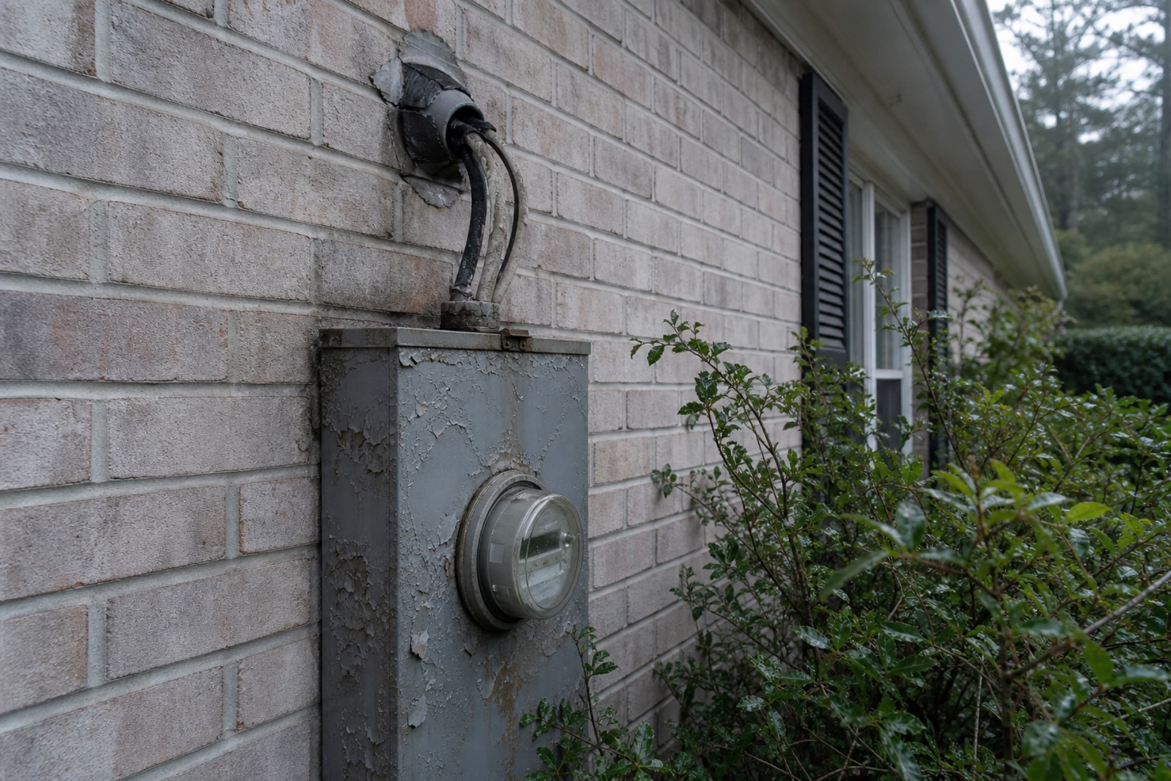 An old meter base with weathered service entrance conductors entering the wall