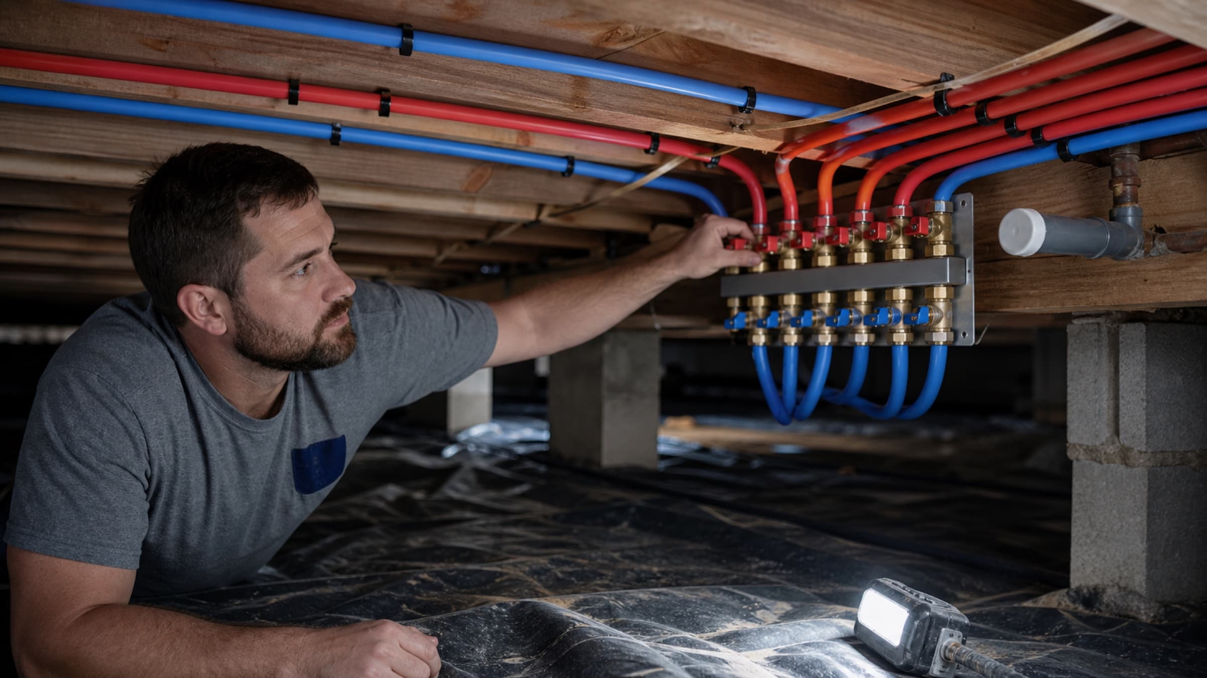 New PEX supply runs installed through a crawlspace with a new manifold and shutoff valves