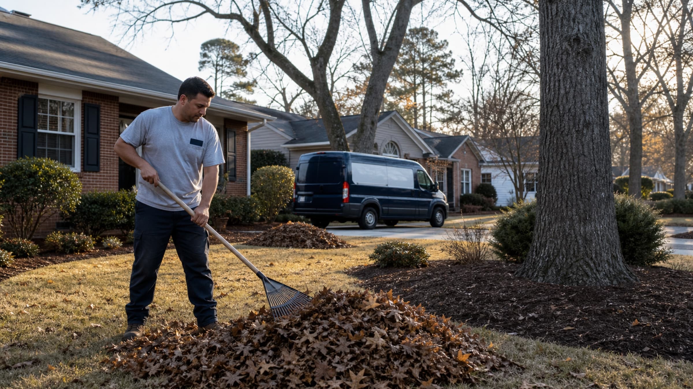 Leaves cleared from a lawn into neat piles beside freshly edged and mulched beds in late autumn light