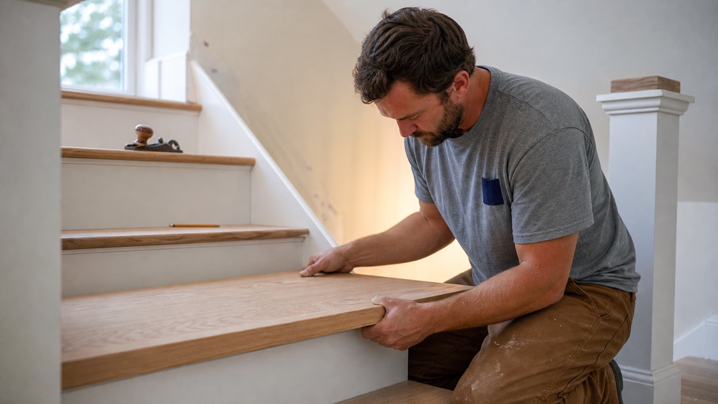 A new oak stair tread being fitted against a painted riser with a freshly installed newel post beyond