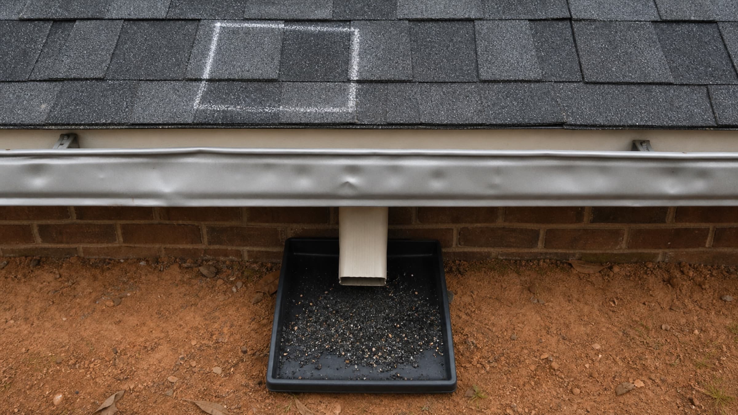A hail-dented aluminium gutter and dislodged shingle granules collected in a downspout splash pan, framed as evidence documentation