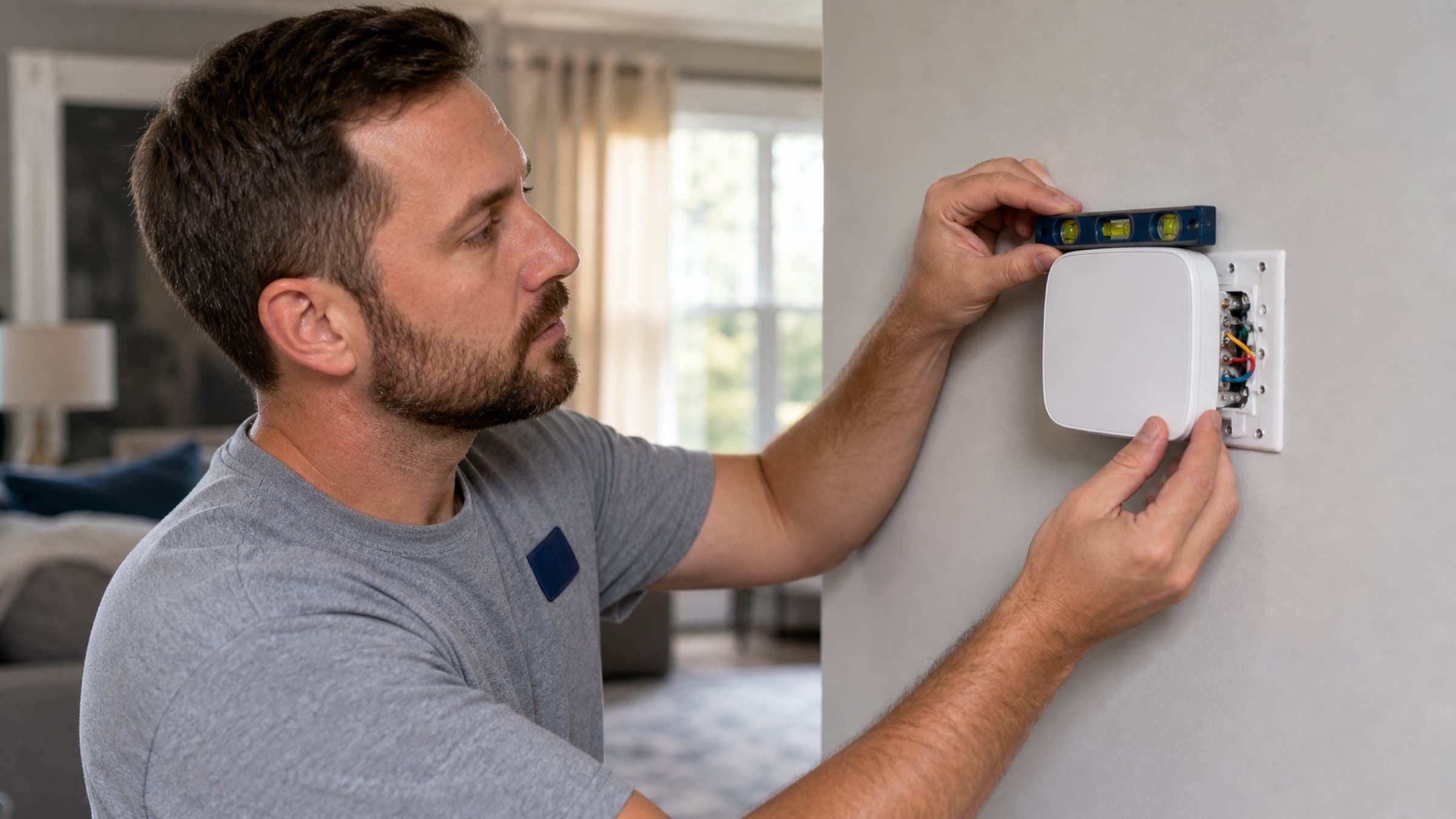 A technician levelling a new wall thermostat with the wiring terminals visible behind it
