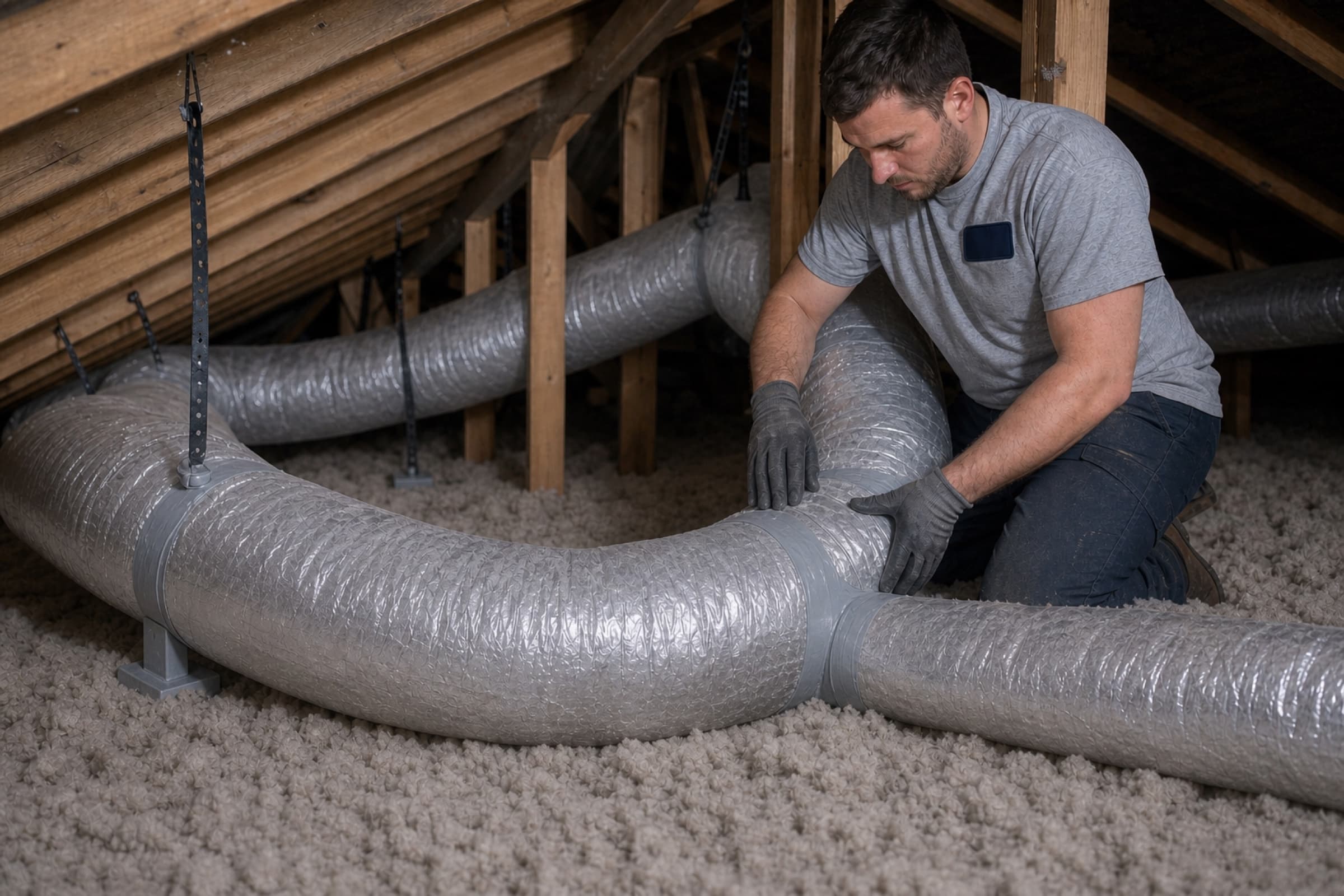 The same run resupported and sealed with mastic at every joint, insulation pulled back neatly