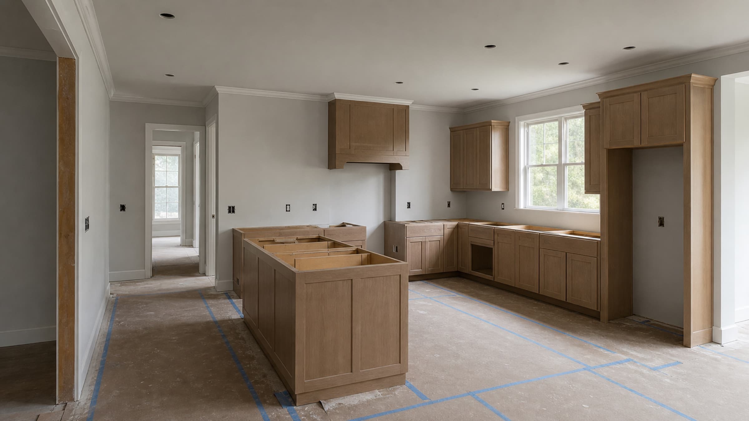A kitchen mid-renovation with cabinet boxes partly installed and floor protection down