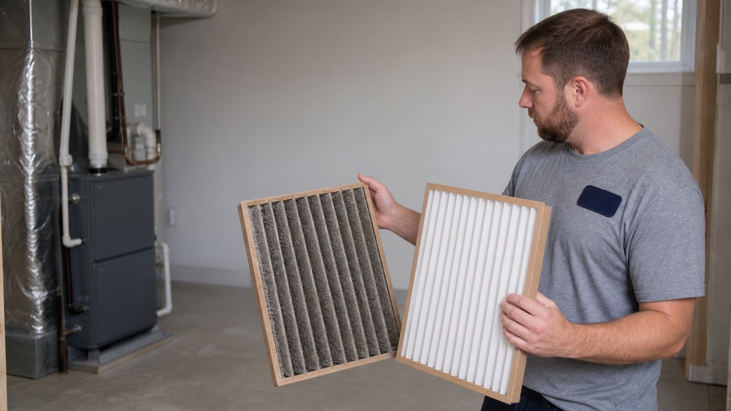 A clogged pleated filter held beside a clean one in a utility room